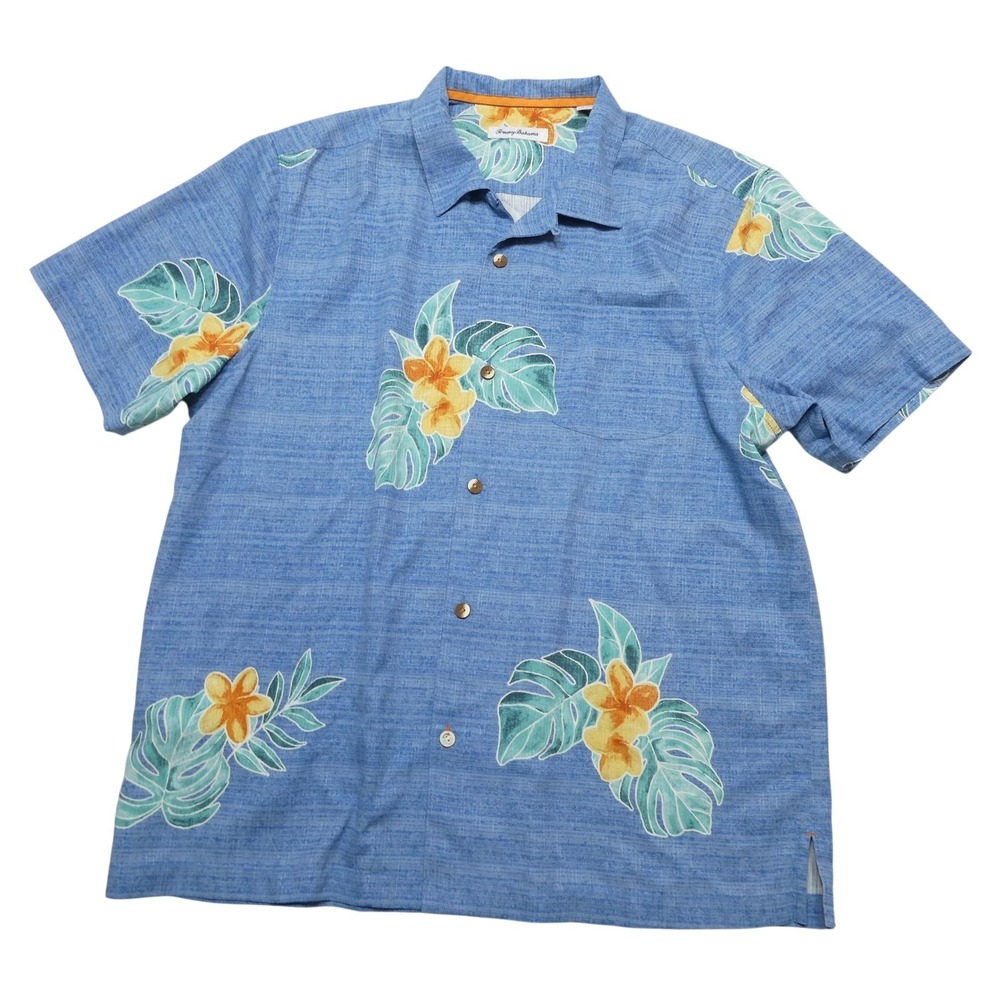Tommy‎ Bahama Shirt Mens XL Blue Floral Hawaiian Short Sleeve Button Up Silk